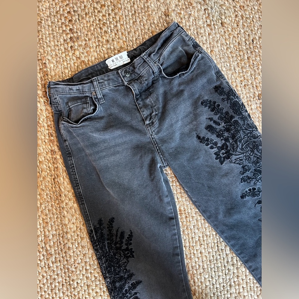 Free People Embroidered Floral Black Jeans